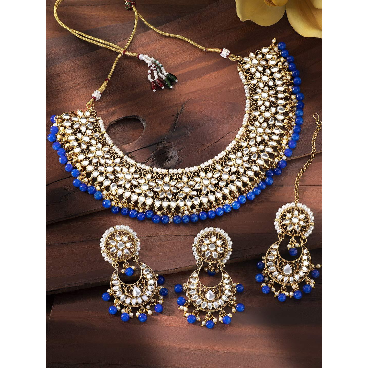 Peora Gold Plated Kundan Choker Necklace Earrings with Maang Tikka Jewellery Set for Women