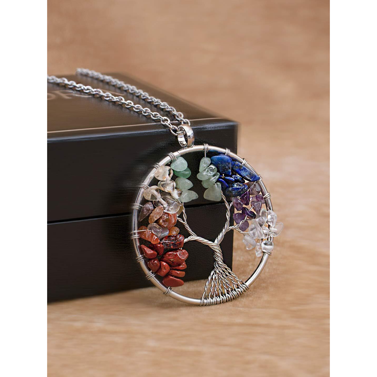 Peora 7 Chakra Rainbow Tree of Life Crystal Wire Wrapped Gemstone Necklace For Women Girls