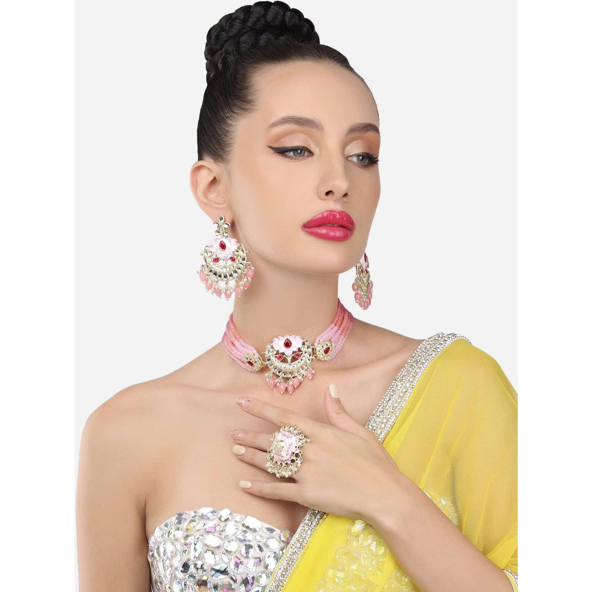 ZAVERI PEARLS Pink Meenakari Lotus Design Multistrand Beaded Choker Necklace Earring & Ring Set For Women-ZPFK13806