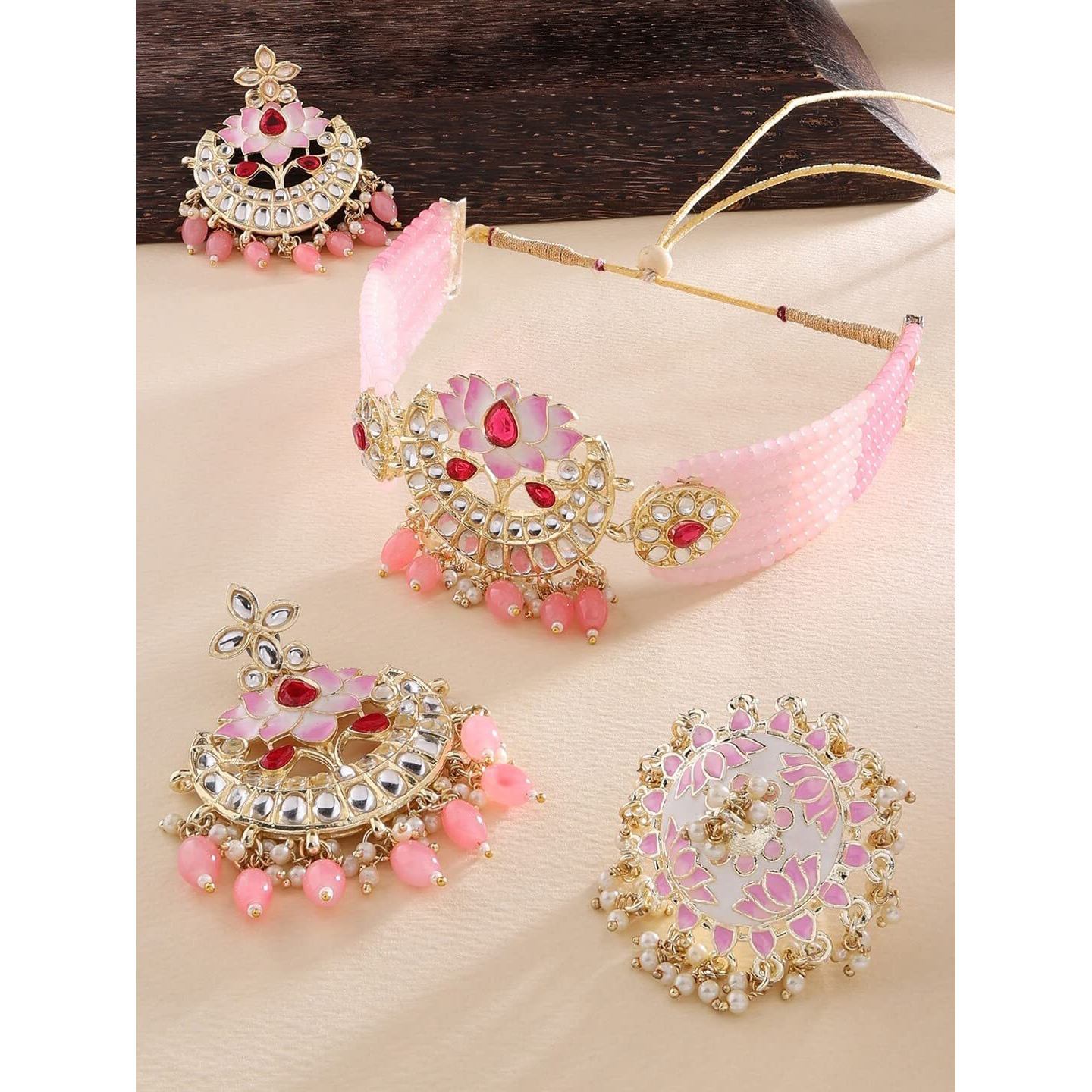 ZAVERI PEARLS Pink Meenakari Lotus Design Multistrand Beaded Choker Necklace Earring & Ring Set For Women-ZPFK13806