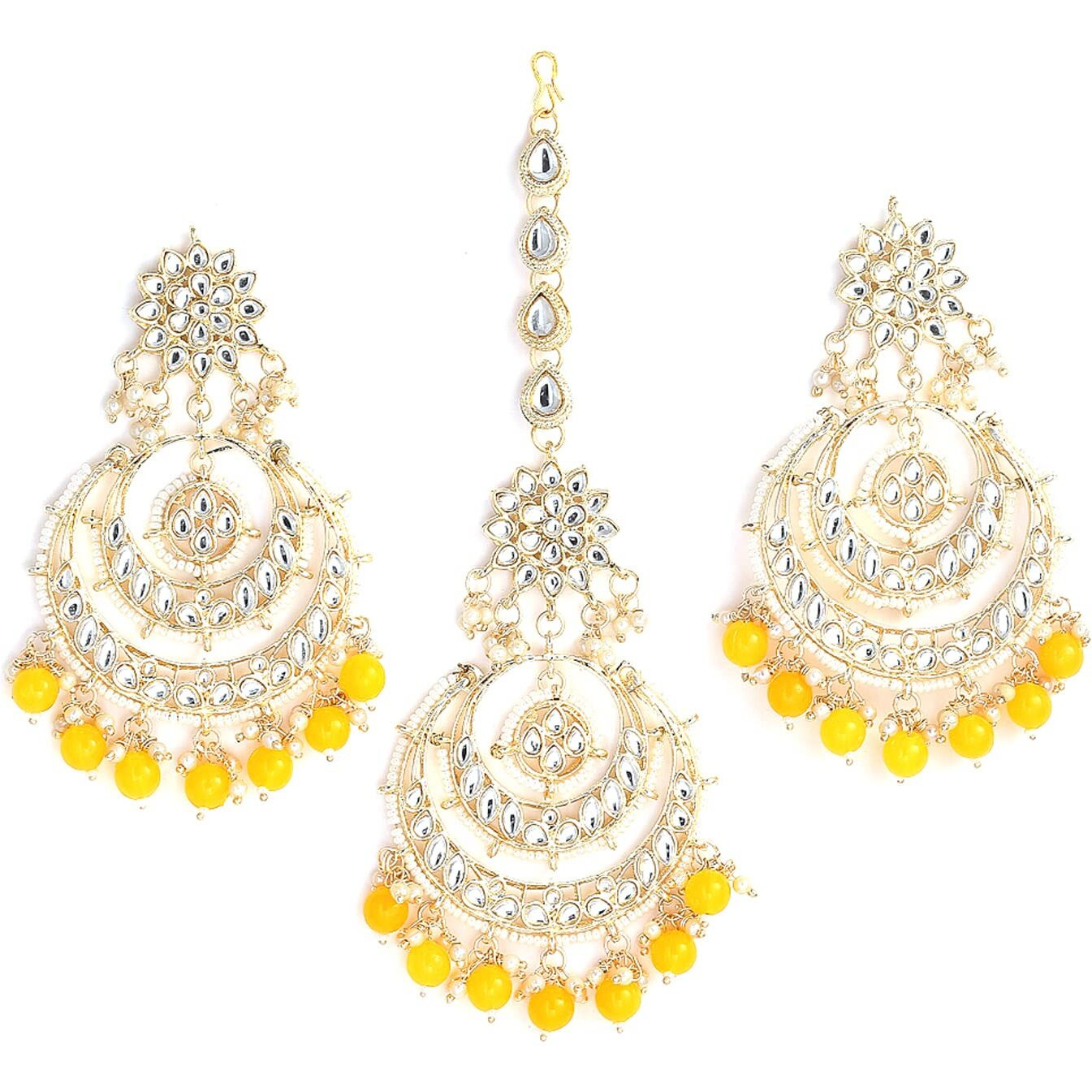 ZENEME Traditional Gold Plated Big Chandbali Kundan & Pearl Earring Set With Maang Tikka for Women (Yellow)