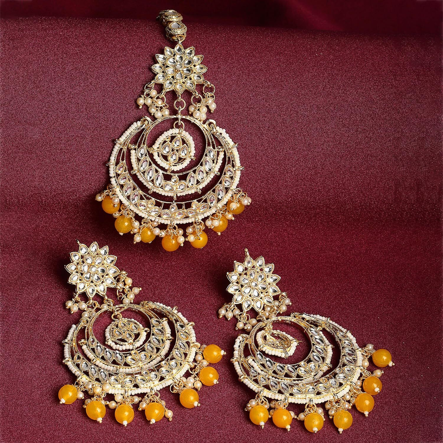 ZENEME Traditional Gold Plated Big Chandbali Kundan & Pearl Earring Set With Maang Tikka for Women (Yellow)