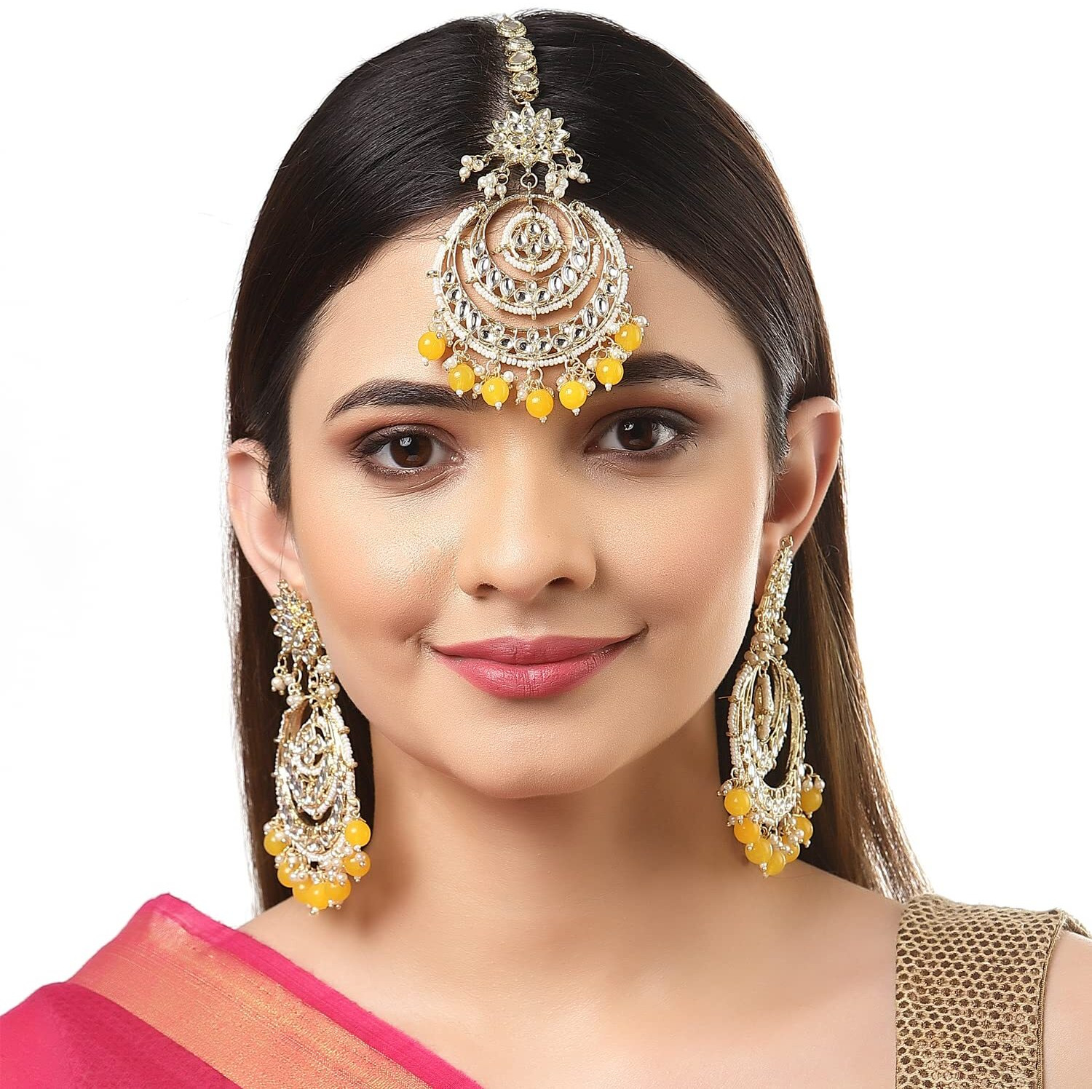 ZENEME Traditional Gold Plated Big Chandbali Kundan & Pearl Earring Set With Maang Tikka for Women (Yellow)
