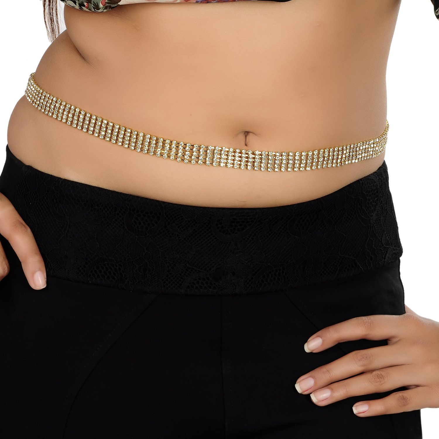 Lucky Jewellery White Alloy Metal 5-Line Stone Gold Polish Girdle Kamarband Waist Saree Belt for Women