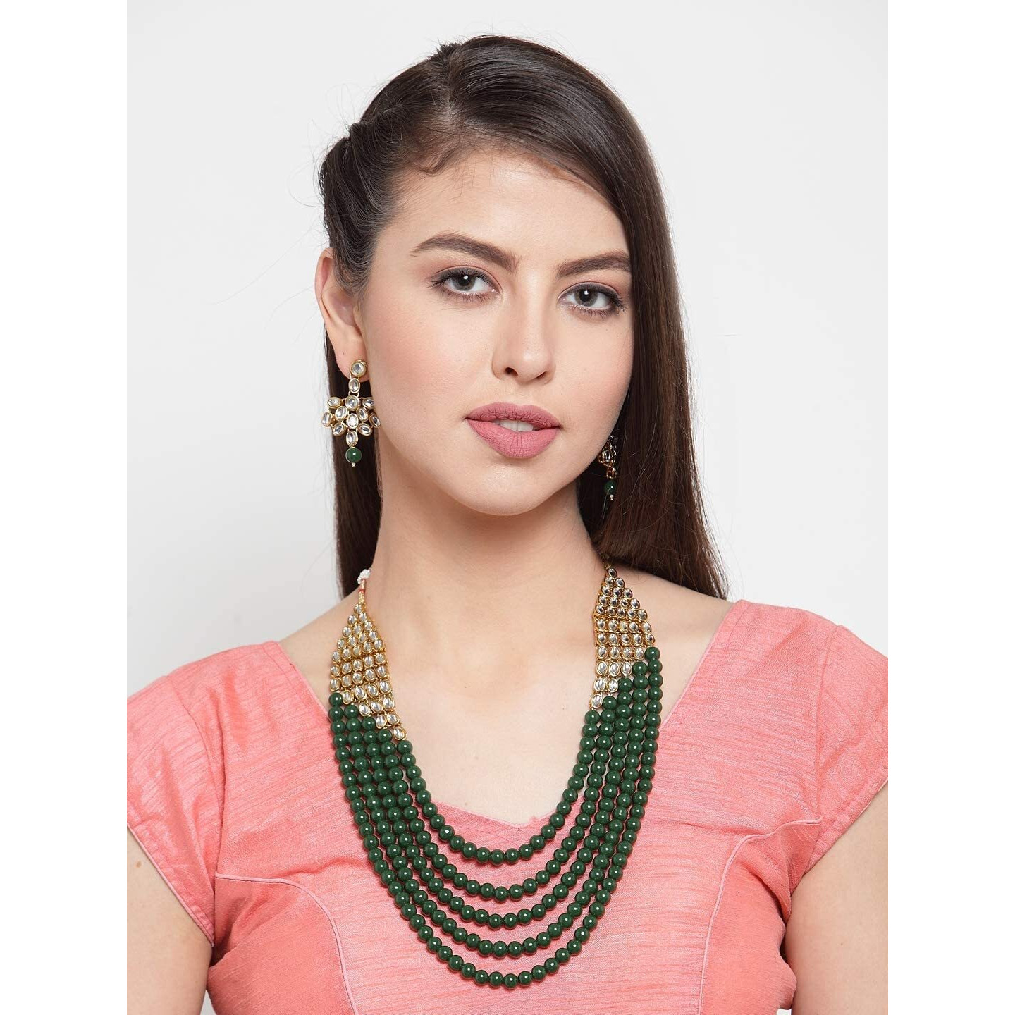 Shining Diva Fashion Latest Long Kundan Design Traditional Necklace Set for Women Wedding Gold Plated Jewellery Set for Women (Green) (10424s)