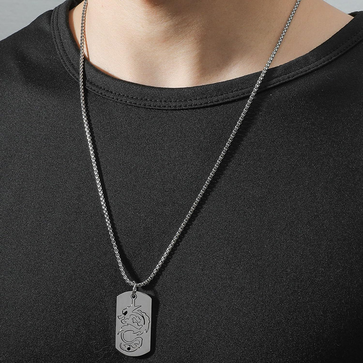 Young & Forever Gift Stainless Steel Hip Hop Titanium Steel Dragon Dog Tag Pendant Necklace,24 Chain
