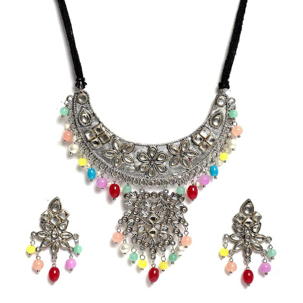 YouBella Jewellery Oxidised Silver Necklace Jewellery Set with Earrings for Girls and Women (Style 4)