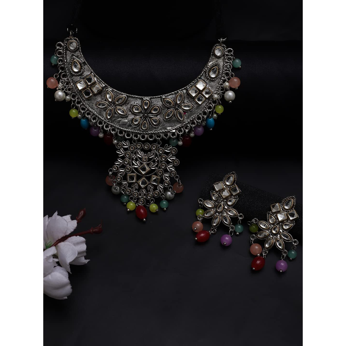 YouBella Jewellery Oxidised Silver Necklace Jewellery Set with Earrings for Girls and Women (Style 4)