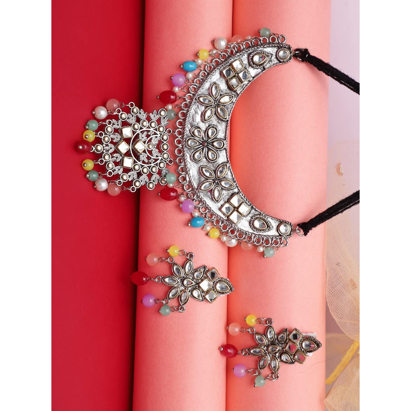 YouBella Jewellery Oxidised Silver Necklace Jewellery Set with Earrings for Girls and Women (Style 4)