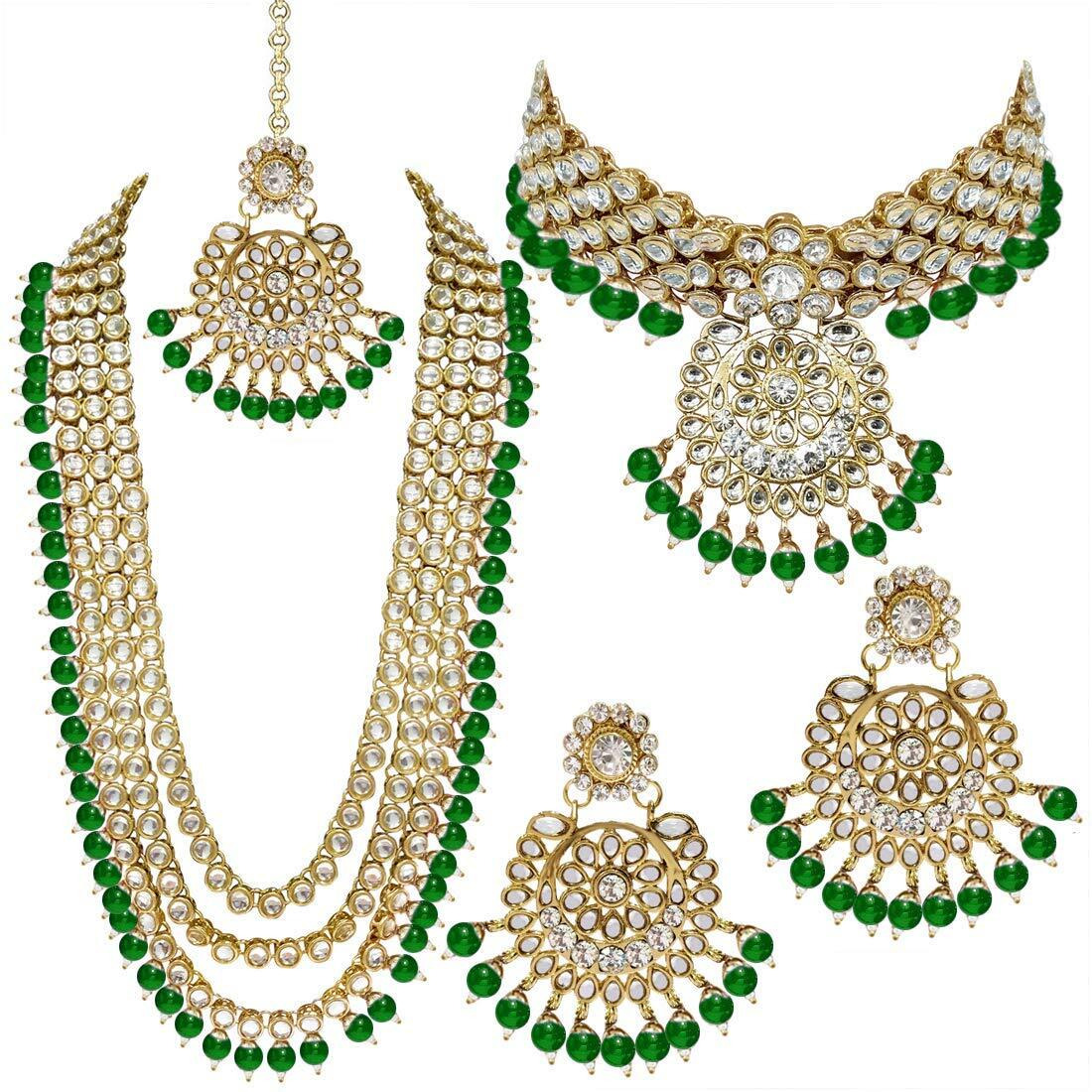 I Jewels Traditional 18K Gold Plated Kundan & Pearl Studded Bridal Choker Necklace Jewellery Set With Earrings & Maang Tikka for Women (IJ325G)
