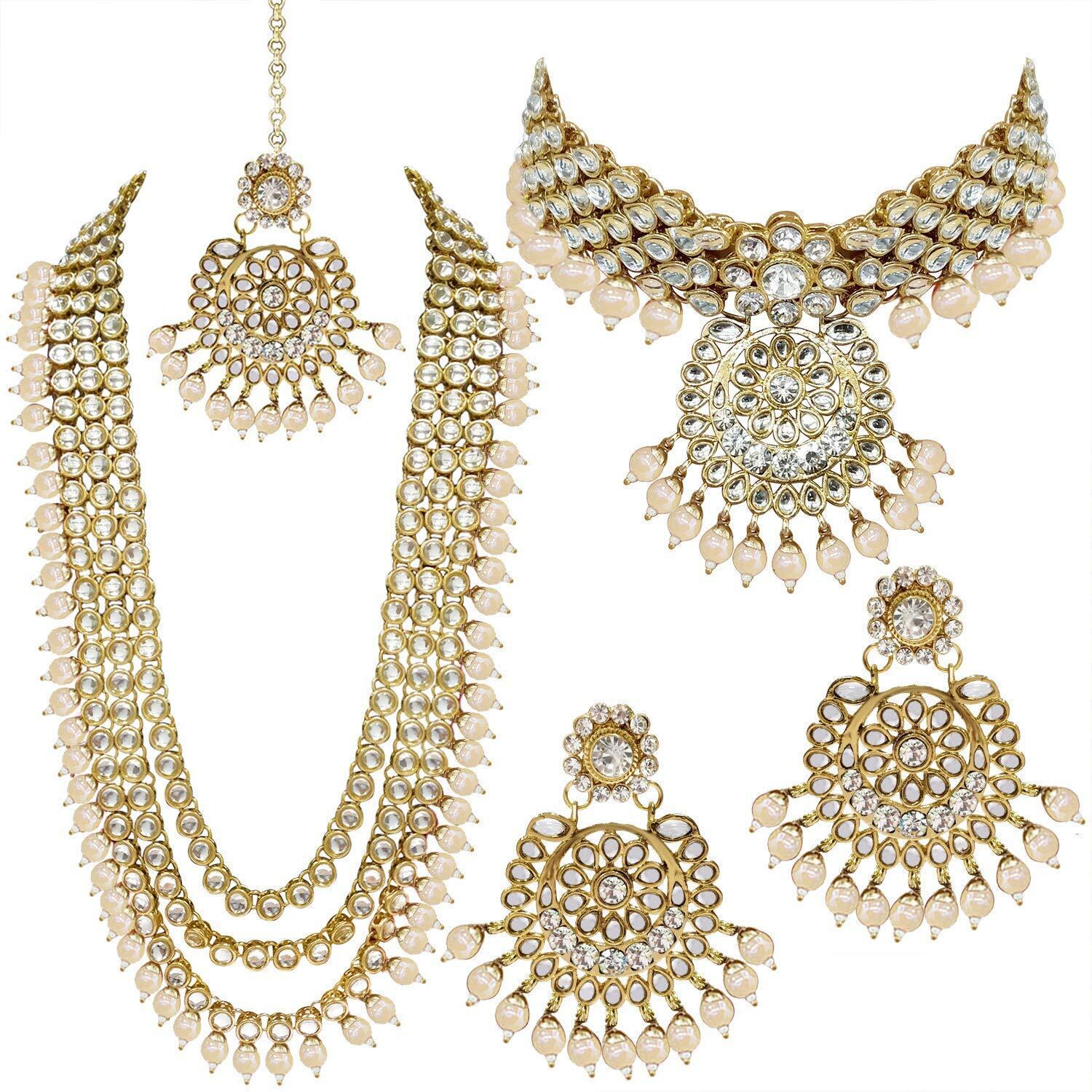 I Jewels Traditional 18K Gold Plated Kundan & Pearl Studded Bridal Choker Necklace Jewellery Set With Earrings & Maang Tikka for Women (IJ325W)
