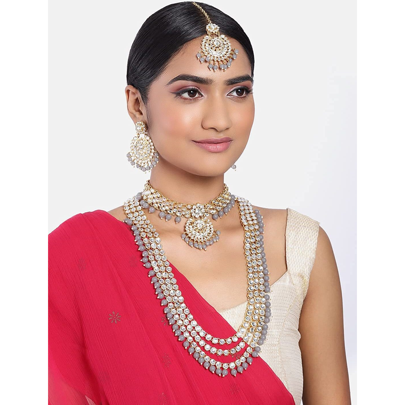 I Jewels Traditional 18K Gold Plated Kundan & Pearl Studded Bridal Choker Necklace Jewellery Set With Earrings & Maang Tikka for Women(IJ325Gr)