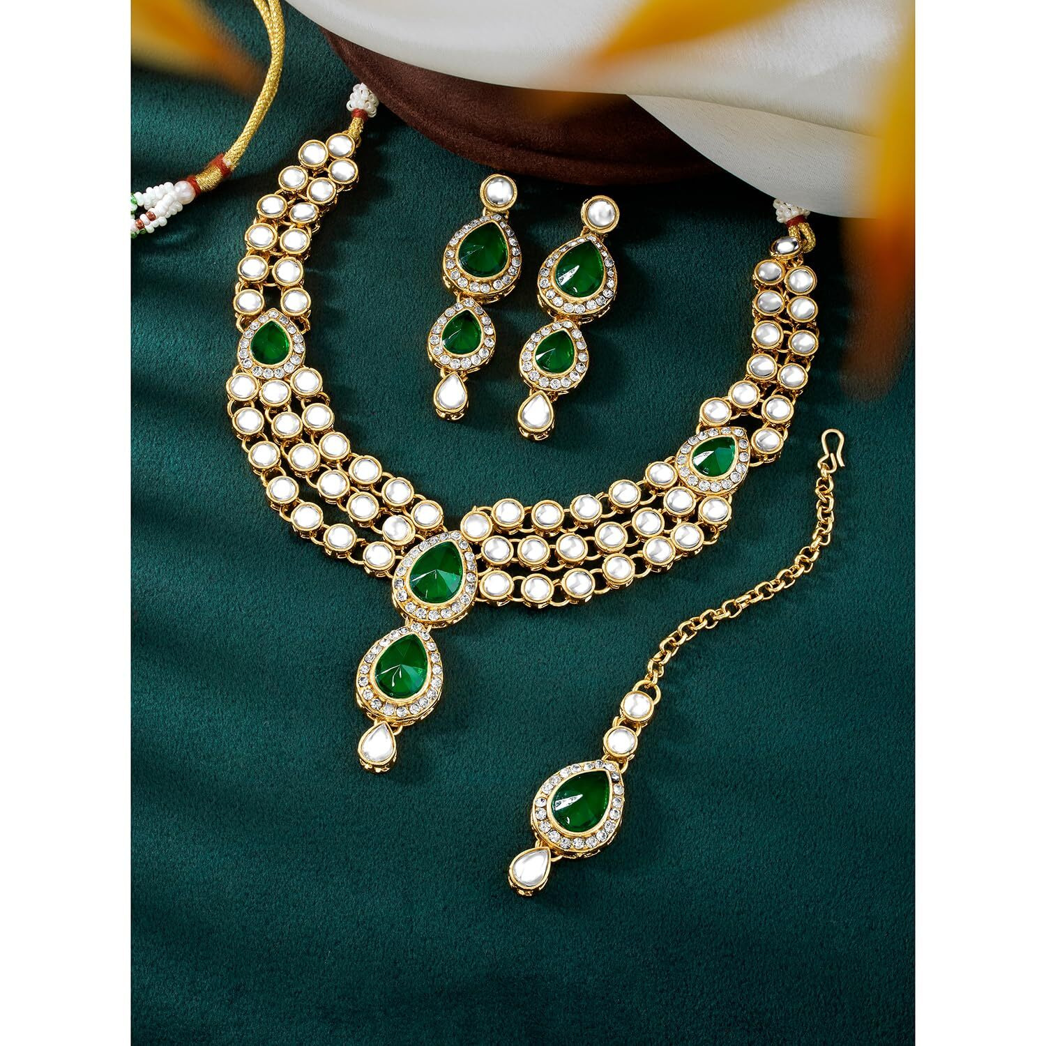 Peora Gold Plated Traditional Kundan Long Necklace Jewellery Set with Earring Maang Tikka for Women Girls