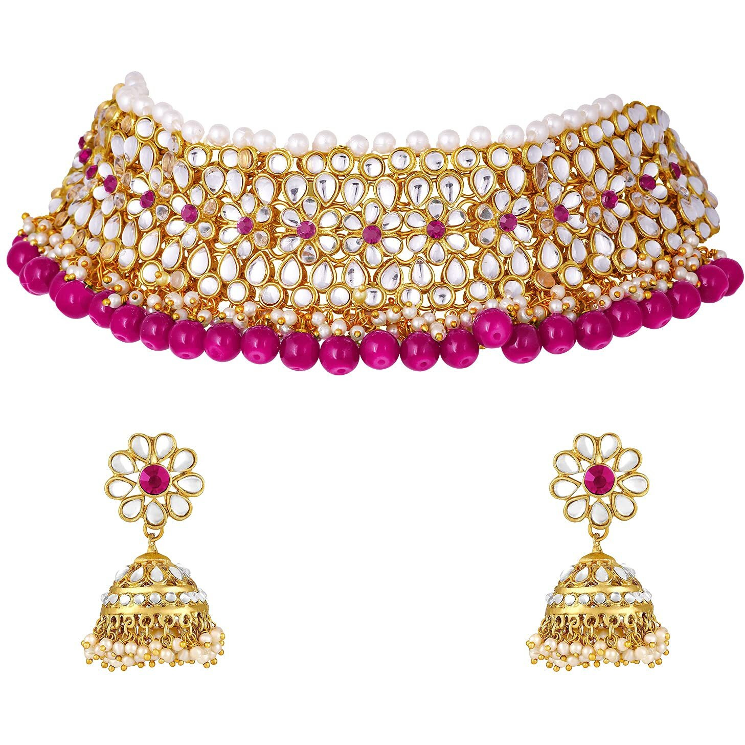 Peora Gold Plated Kundan Faux Pearl Choker Necklace Earring Traditional Jewellery Set for Women