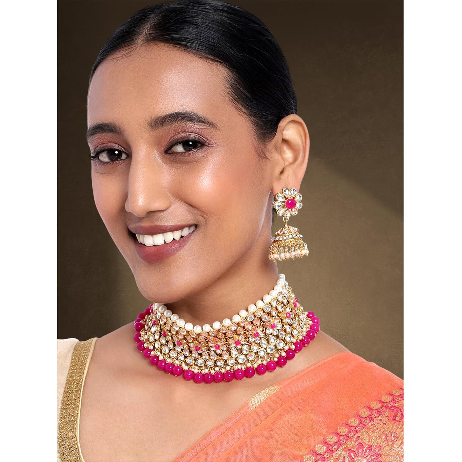Peora Gold Plated Kundan Faux Pearl Choker Necklace Earring Traditional Jewellery Set for Women