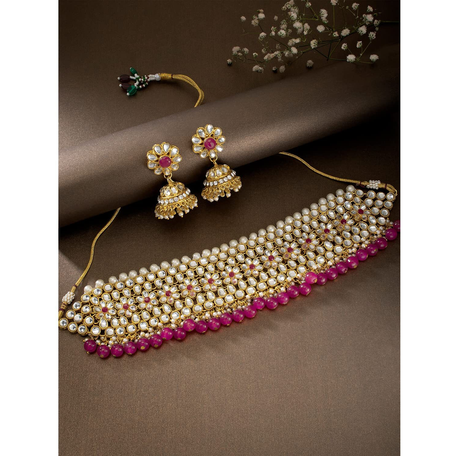 Peora Gold Plated Kundan Faux Pearl Choker Necklace Earring Traditional Jewellery Set for Women