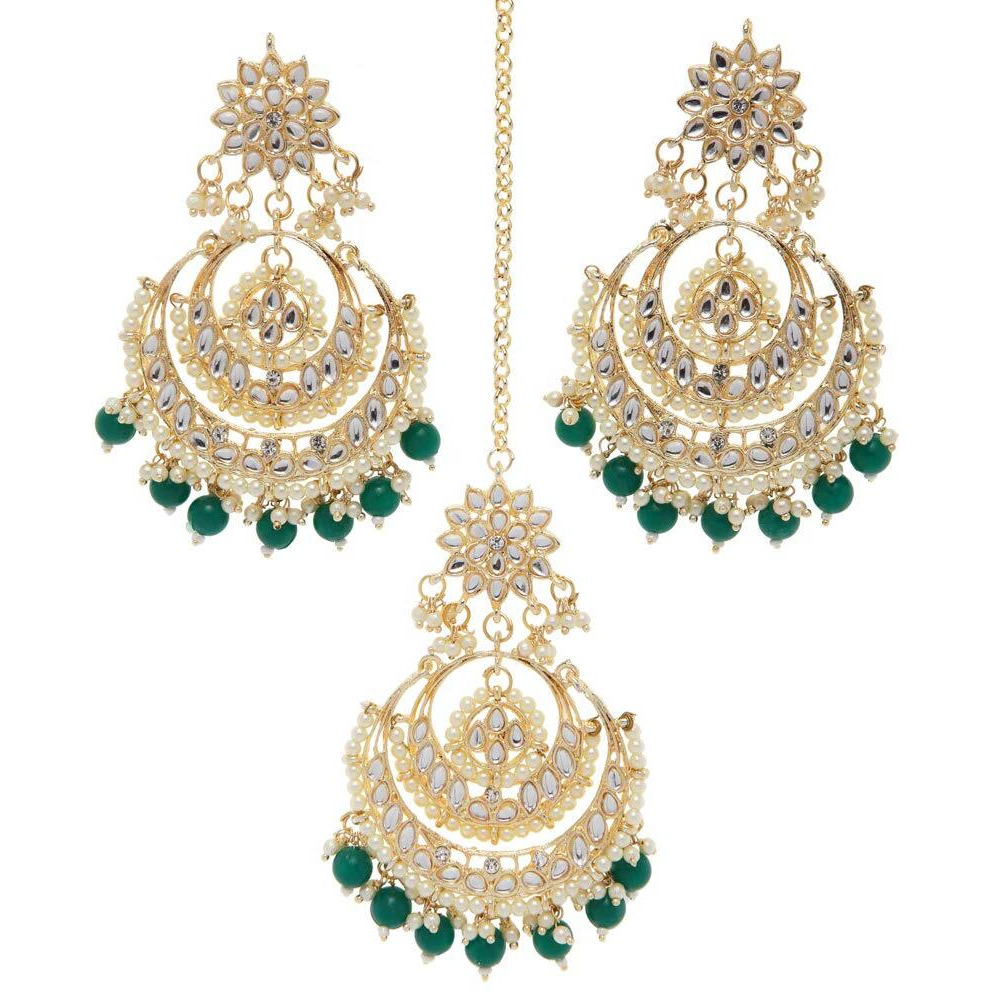 Shining Diva Fashion Latest Stylish Traditional Kundan Maang Tikka Earrings Jewellery Set for Women (Green)(12409mter), one