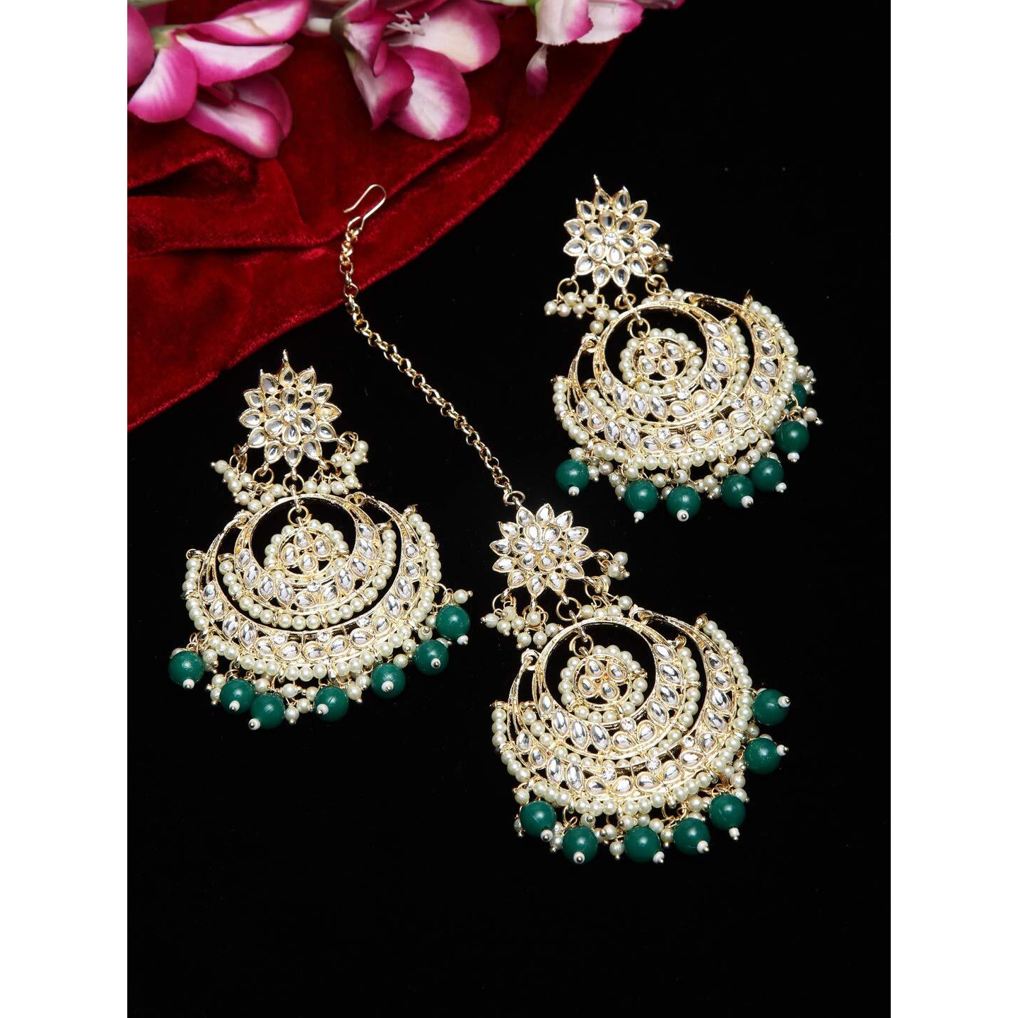 Shining Diva Fashion Latest Stylish Traditional Kundan Maang Tikka Earrings Jewellery Set for Women (Green)(12409mter), one