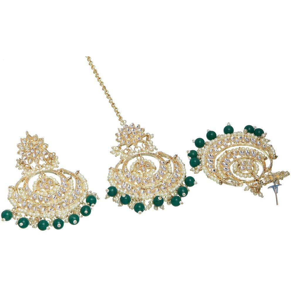 Shining Diva Fashion Latest Stylish Traditional Kundan Maang Tikka Earrings Jewellery Set for Women (Green)(12409mter), one