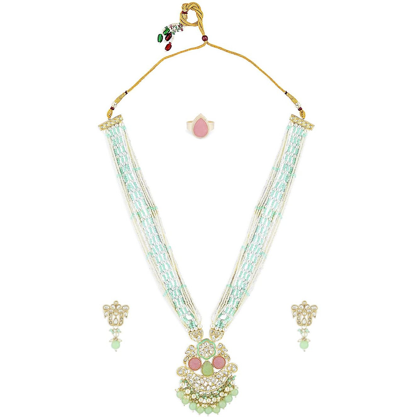 ZAVERI PEARLS Mint Green & Pink Multistrand Kundan Bridal Necklace Earring Ring Set For Women-ZPFK15903