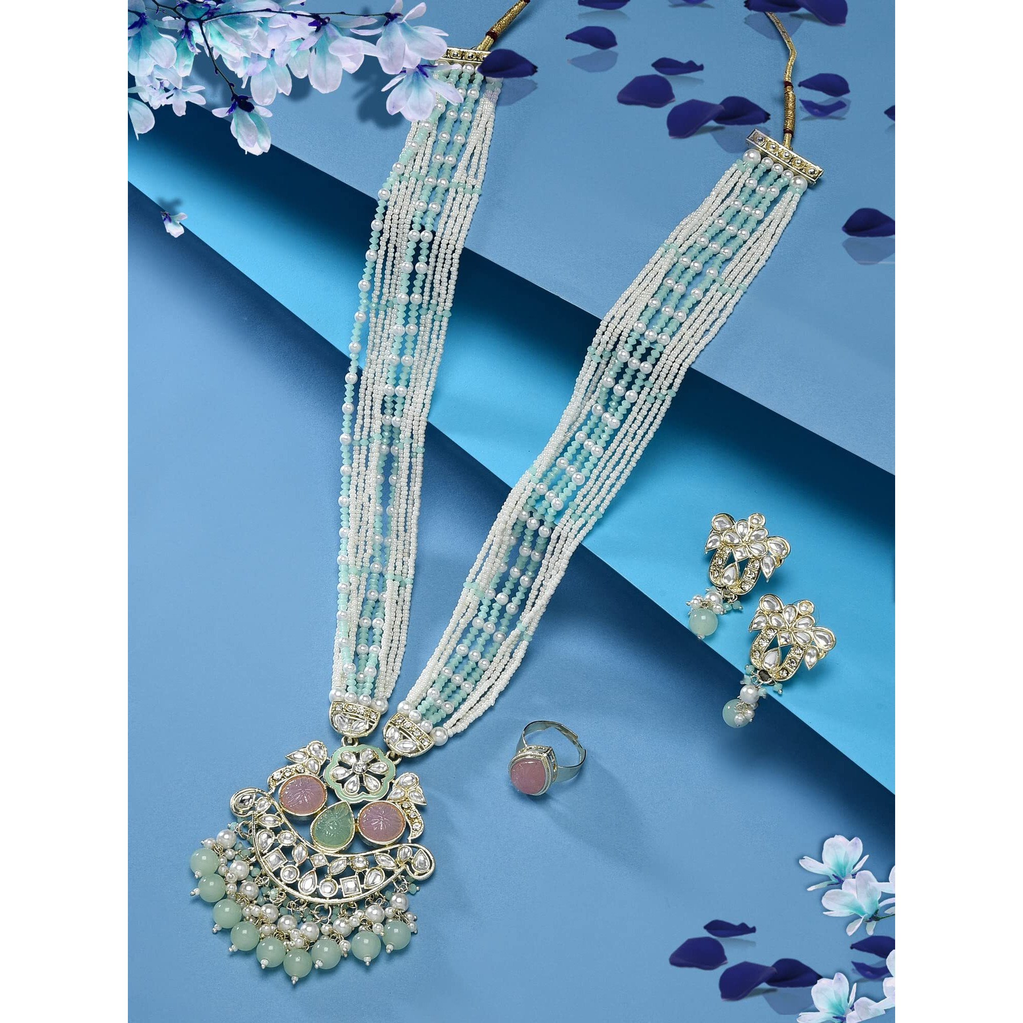 ZAVERI PEARLS Mint Green & Pink Multistrand Kundan Bridal Necklace Earring Ring Set For Women-ZPFK15903