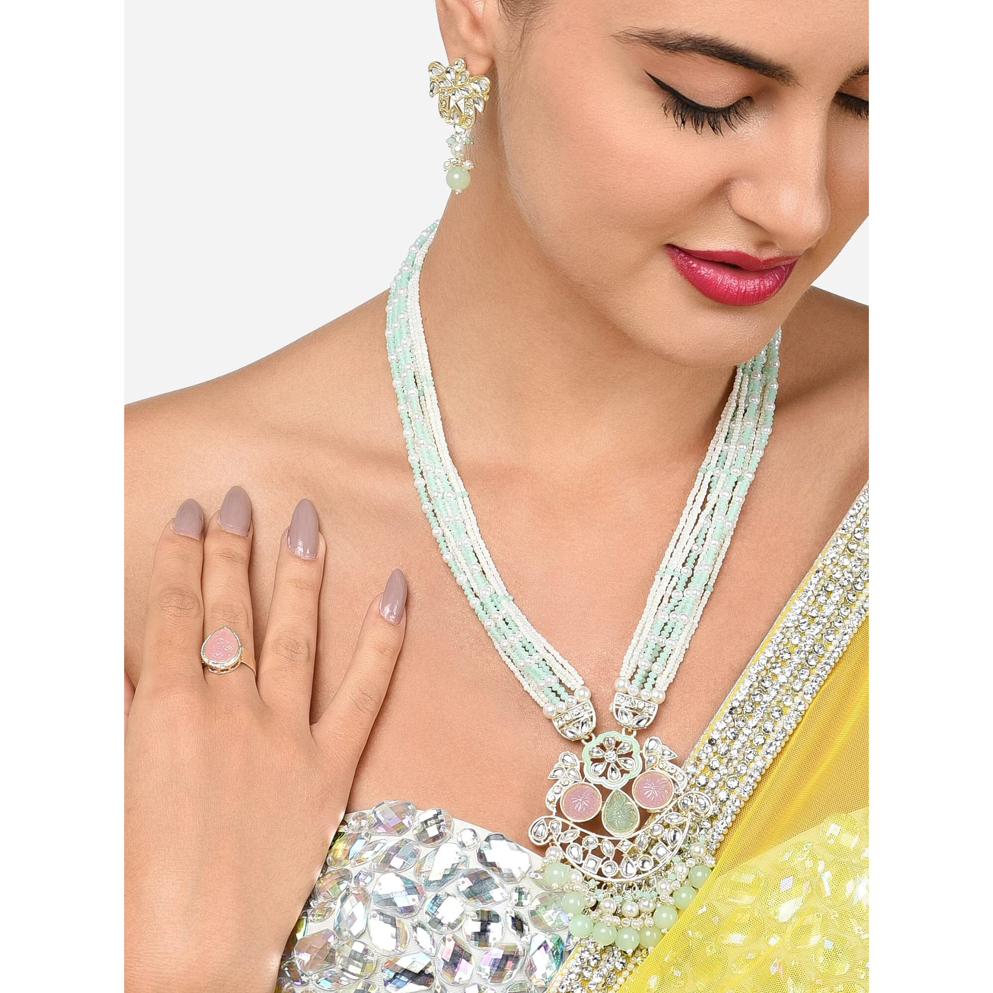 ZAVERI PEARLS Mint Green & Pink Multistrand Kundan Bridal Necklace Earring Ring Set For Women-ZPFK15903