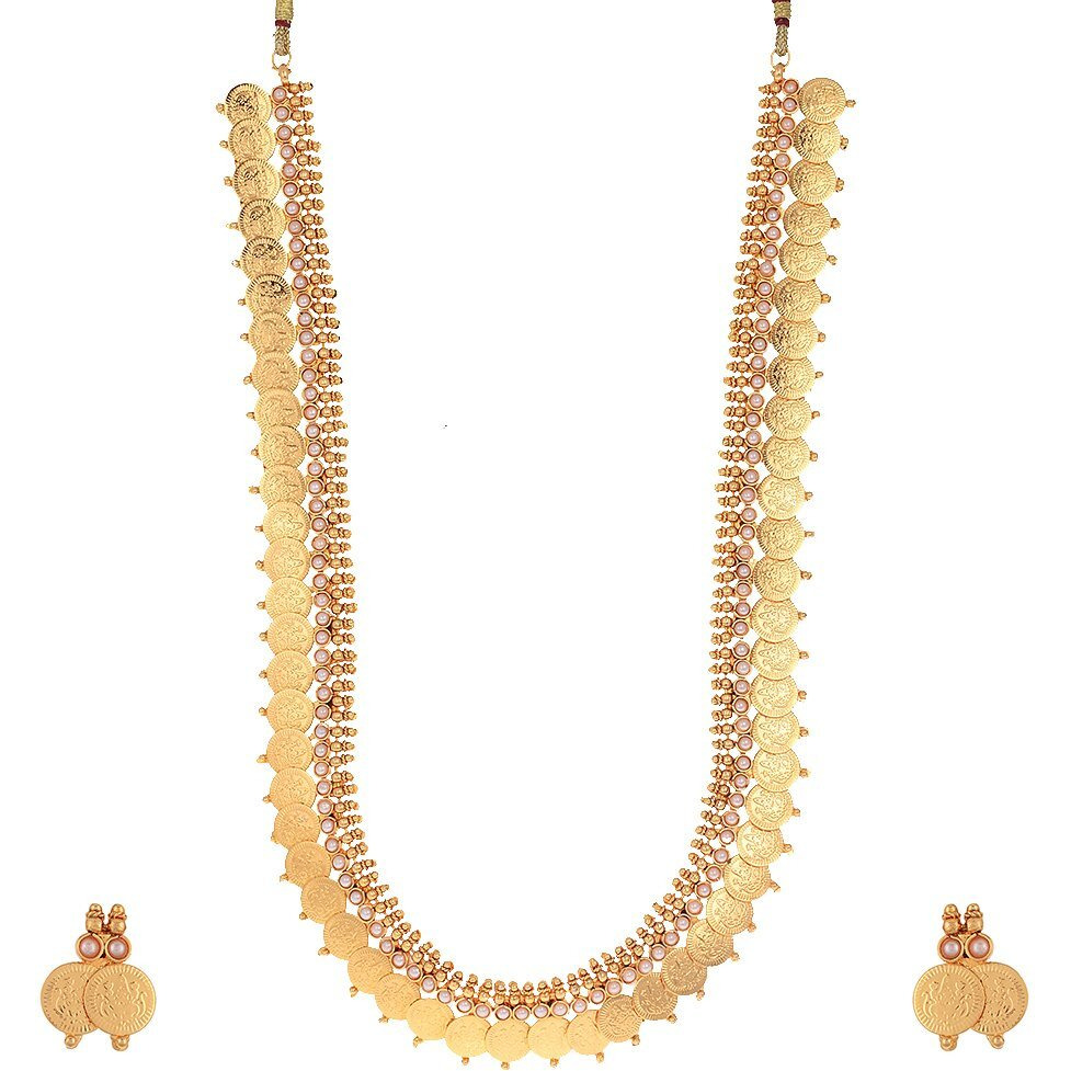 ZENEME Jewellery Set Gold Plated Long Traditional Maharani Beads Studded Temple Coin Necklace Set with Earrings Jewellery For Women & Girls (Pearl (White))