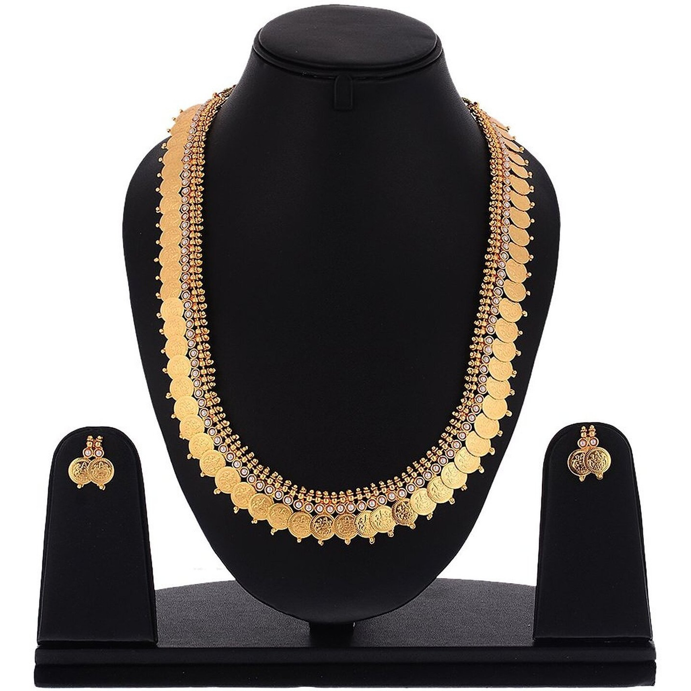 ZENEME Jewellery Set Gold Plated Long Traditional Maharani Beads Studded Temple Coin Necklace Set with Earrings Jewellery For Women & Girls (Pearl (White))