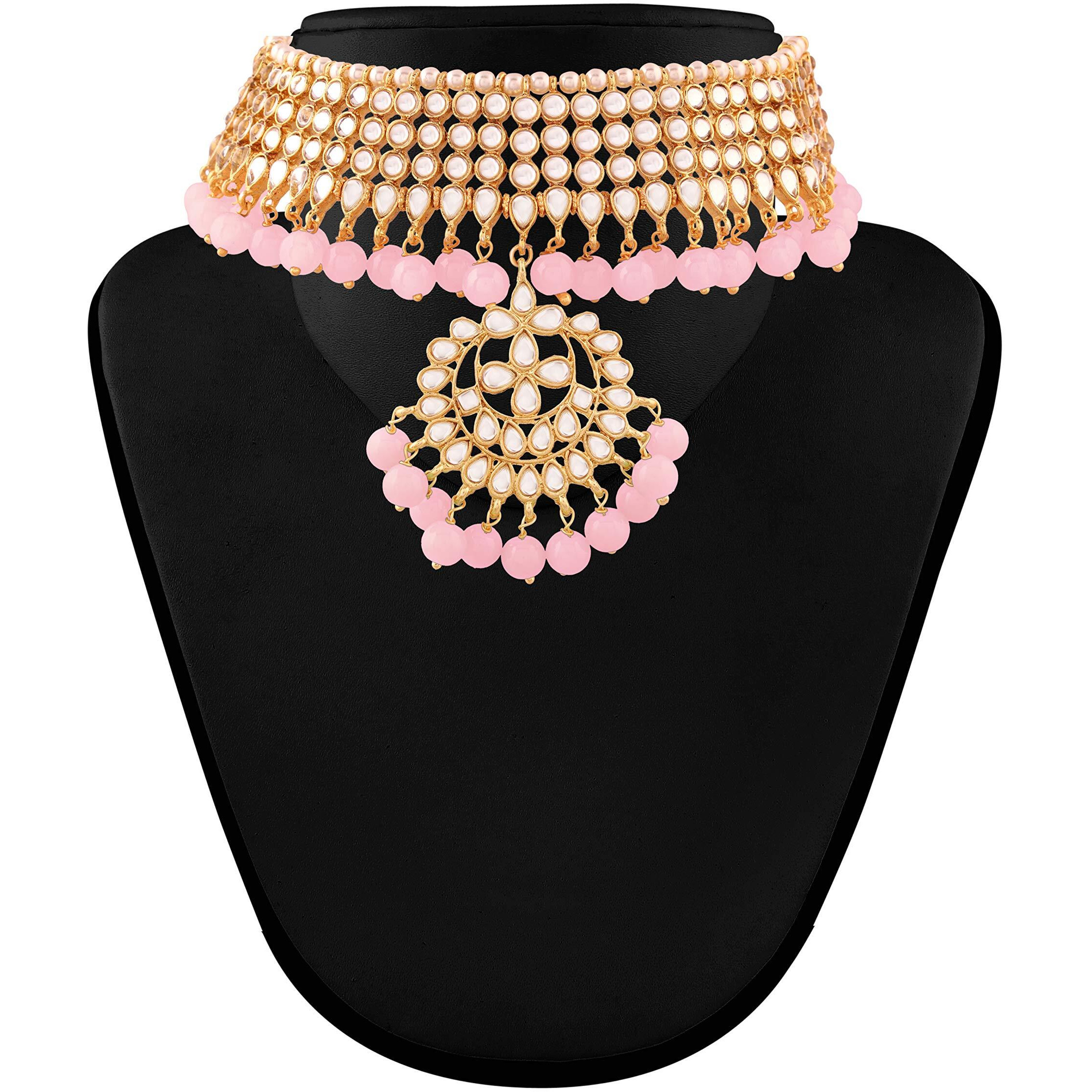 I Jewels 18K Gold Plated Traditional Kundan & Pearl Studded Choker Necklace Jewellery Set with Earrings & Maang Tikka For Women (K7058Pi)