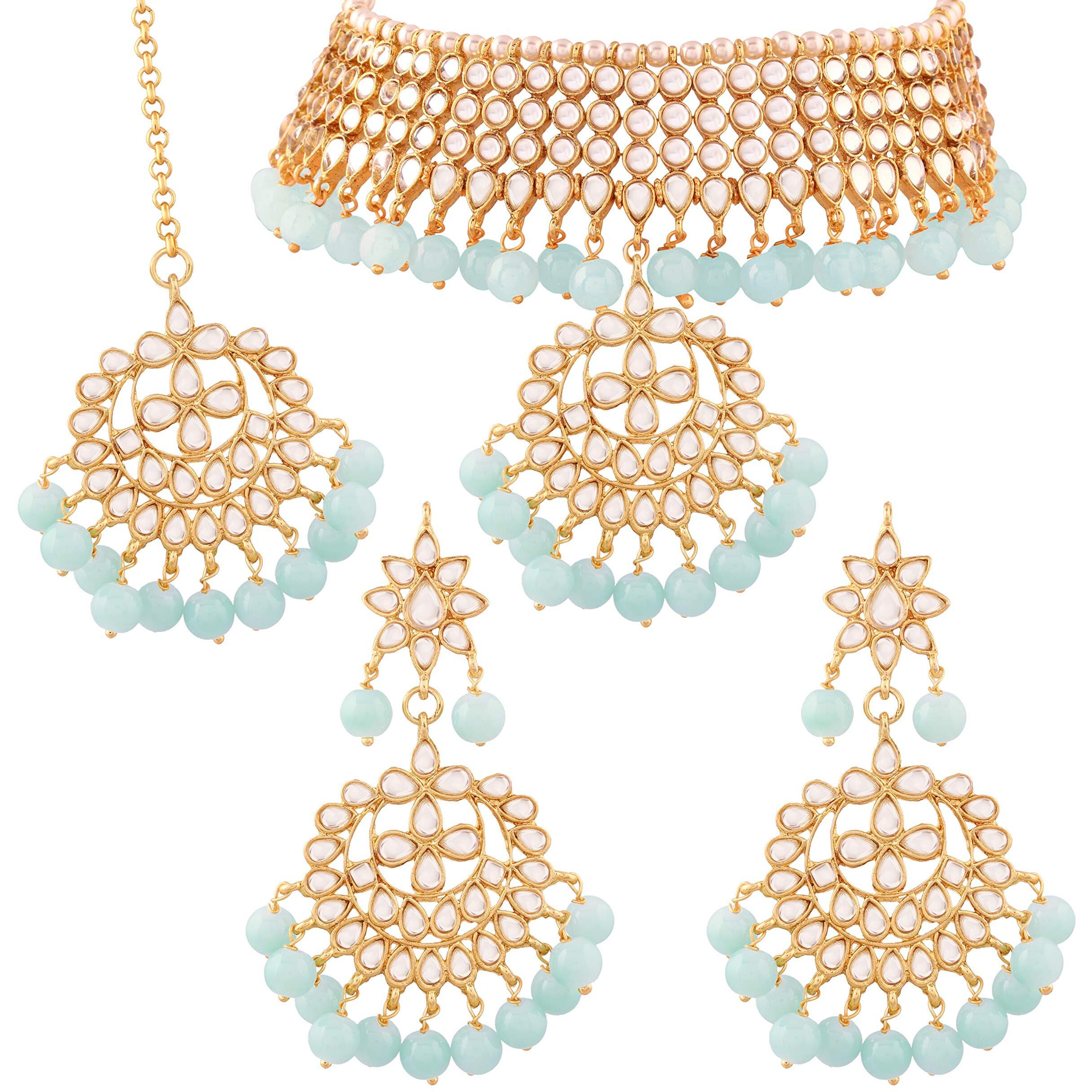 I Jewels 18K Gold Plated Traditional Kundan & Pearl Studded Choker Necklace Jewellery Set with Earrings & Maang Tikka For Women (K7058SB)