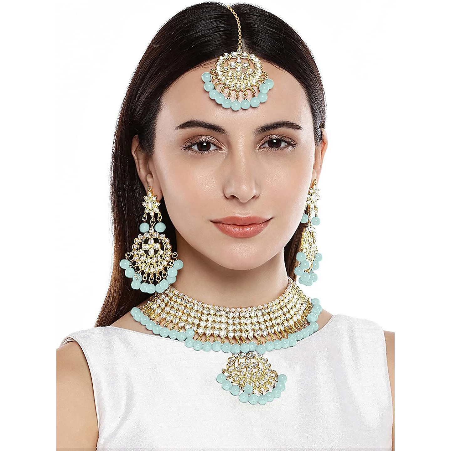 I Jewels 18K Gold Plated Traditional Kundan & Pearl Studded Choker Necklace Jewellery Set with Earrings & Maang Tikka For Women (K7058SB)
