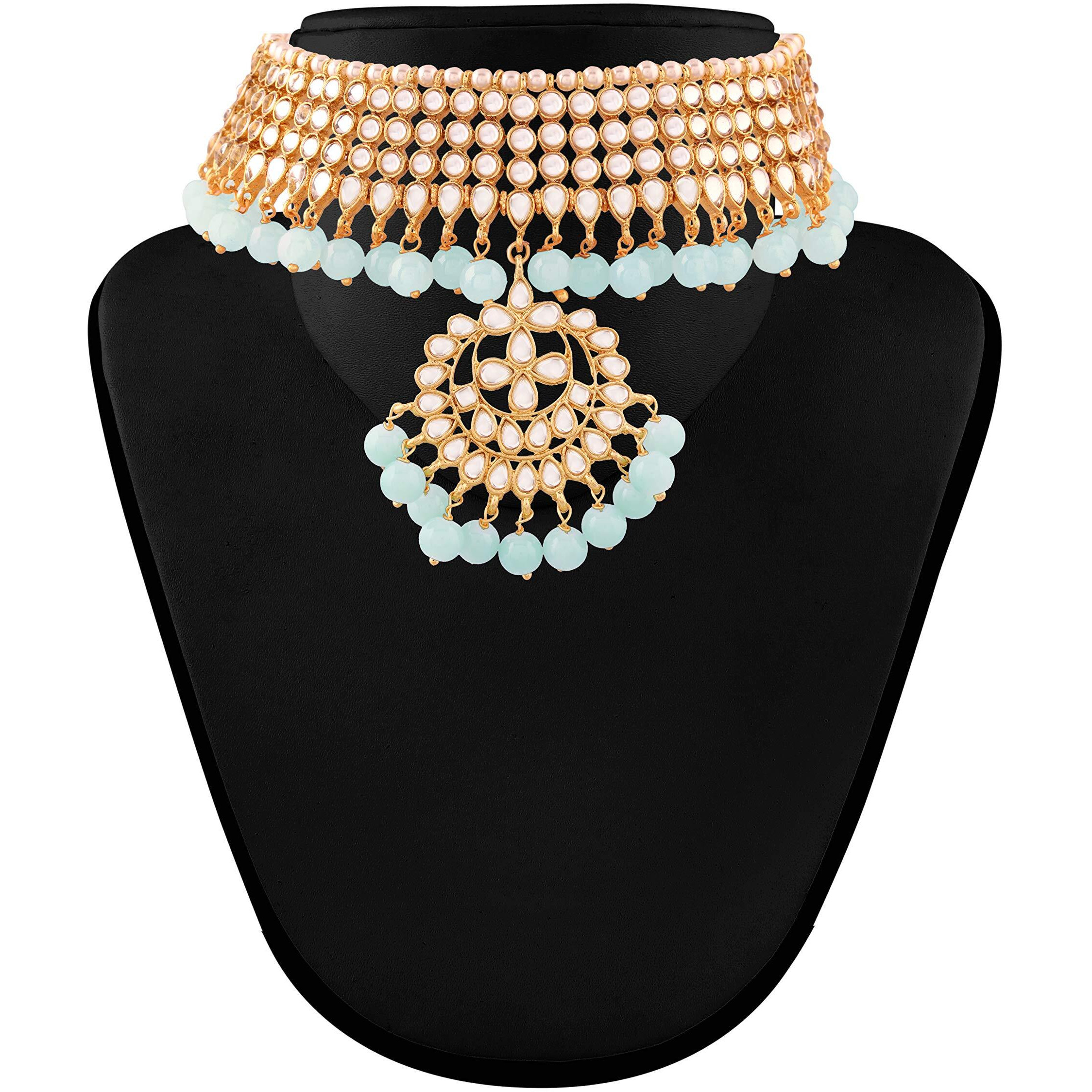 I Jewels 18K Gold Plated Traditional Kundan & Pearl Studded Choker Necklace Jewellery Set with Earrings & Maang Tikka For Women (K7058SB)