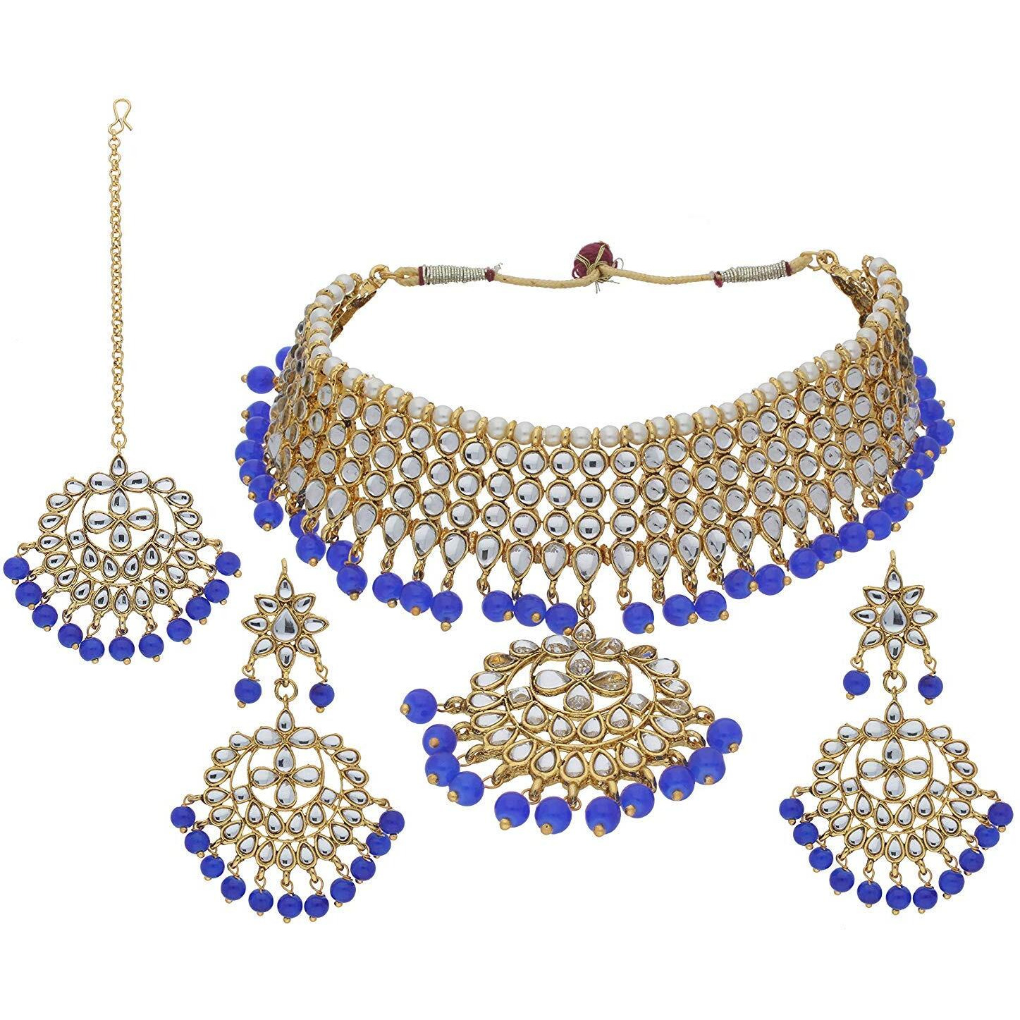 I Jewels 18K Gold Plated Traditional Kundan & Pearl Studded Choker Necklace Jewellery Set with Earrings & Maang Tikka For Women (K7058Bl)