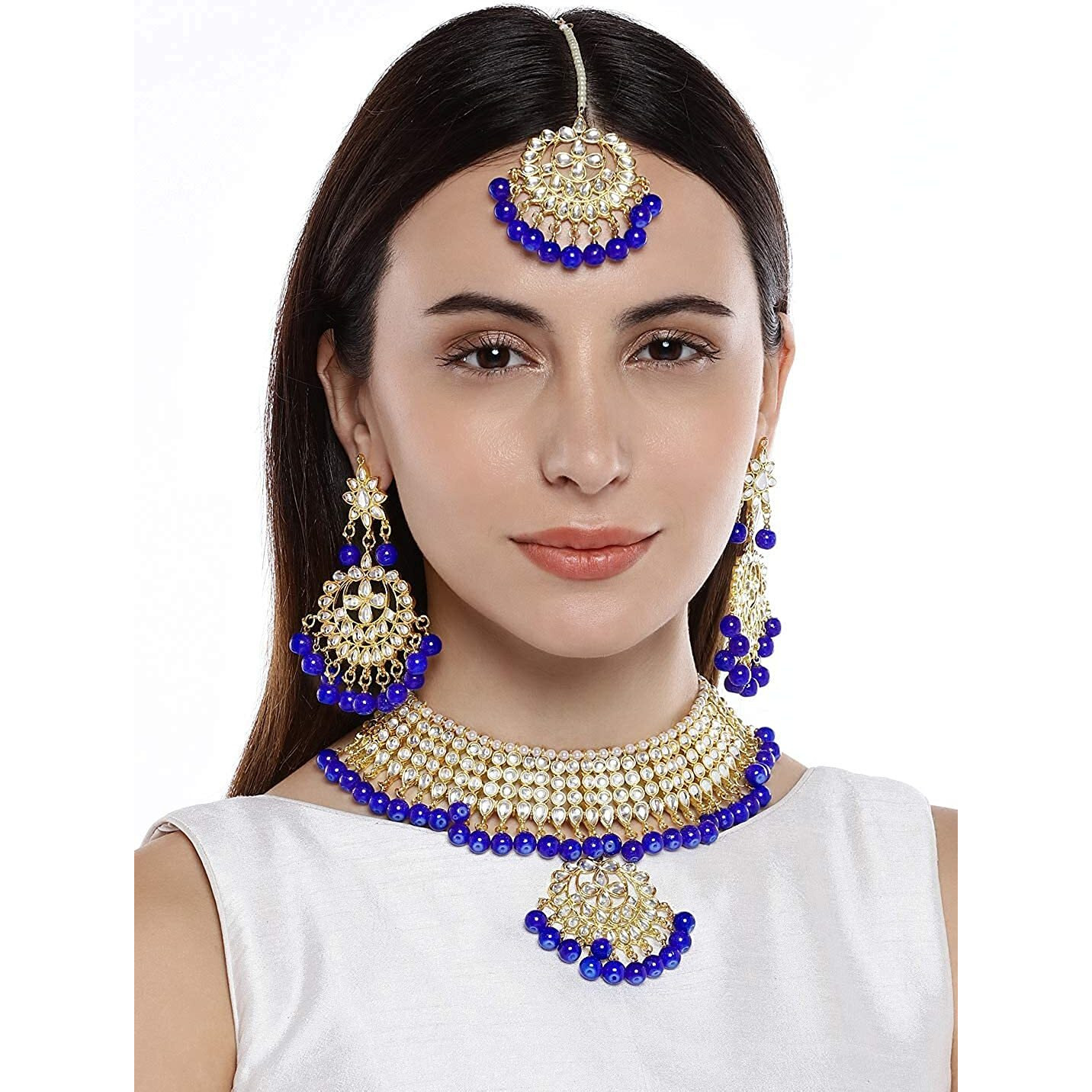 I Jewels 18K Gold Plated Traditional Kundan & Pearl Studded Choker Necklace Jewellery Set with Earrings & Maang Tikka For Women (K7058Bl)