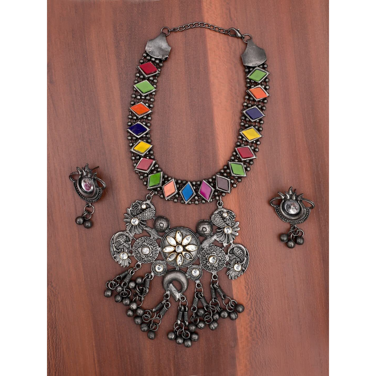 YouBella Jewellery Oxidised Silver Necklace Jewellery Set with Earrings for Girls and Women (Style 3)