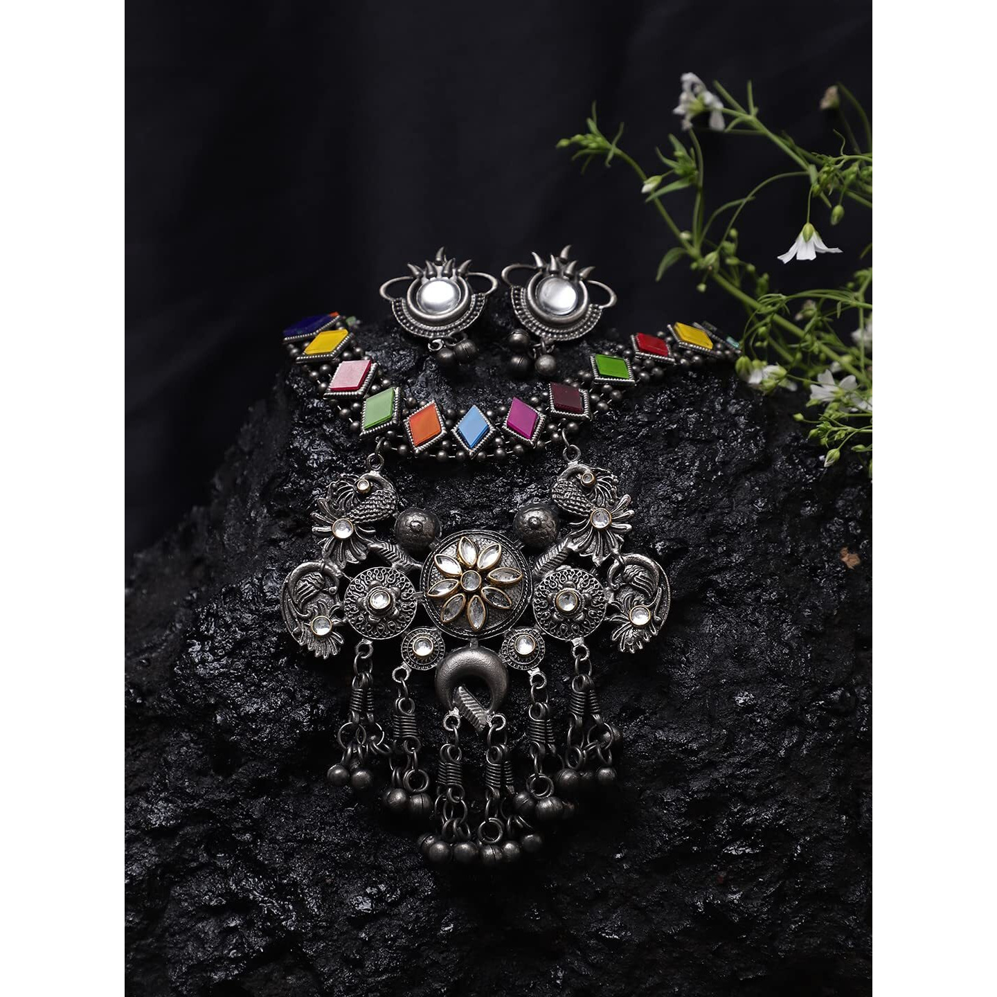YouBella Jewellery Oxidised Silver Necklace Jewellery Set with Earrings for Girls and Women (Style 3)