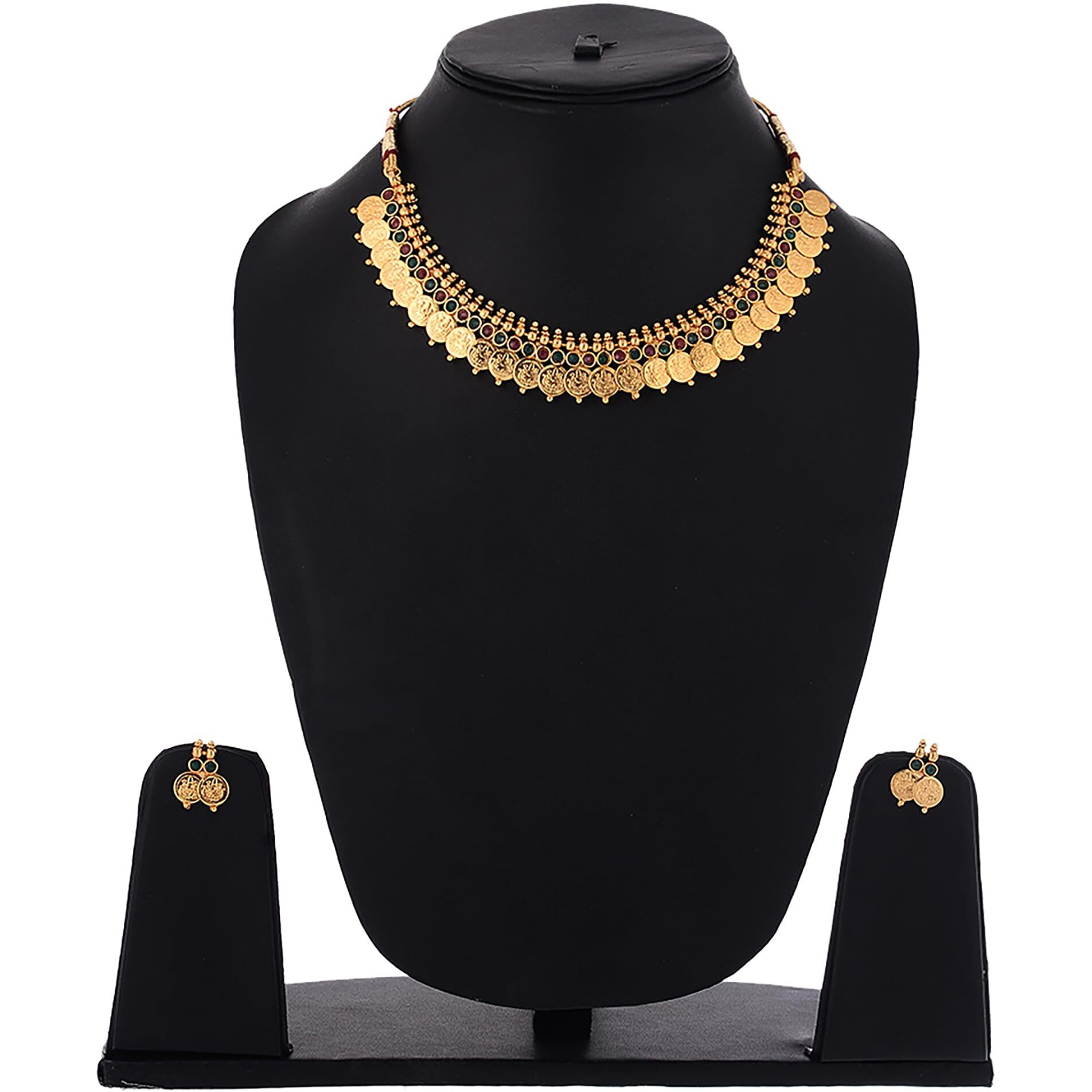 ZENEME Jewellery Gold Plated Bangle Set, Maharani Temple Coin Necklace Set, Short Red Green Necklace and Earrings for Women & Girls (peacock-1)
