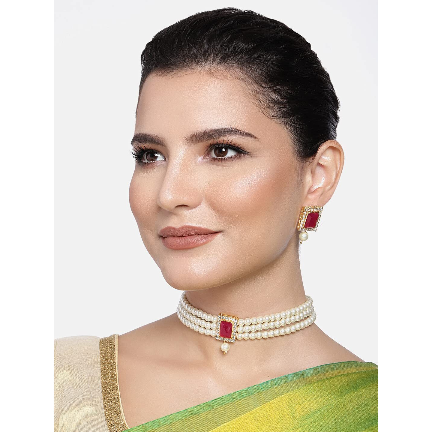 Peora Gold Plated Indian Traditional Crystal Pearl Beaded Choker Necklace Jewellery Set for Women