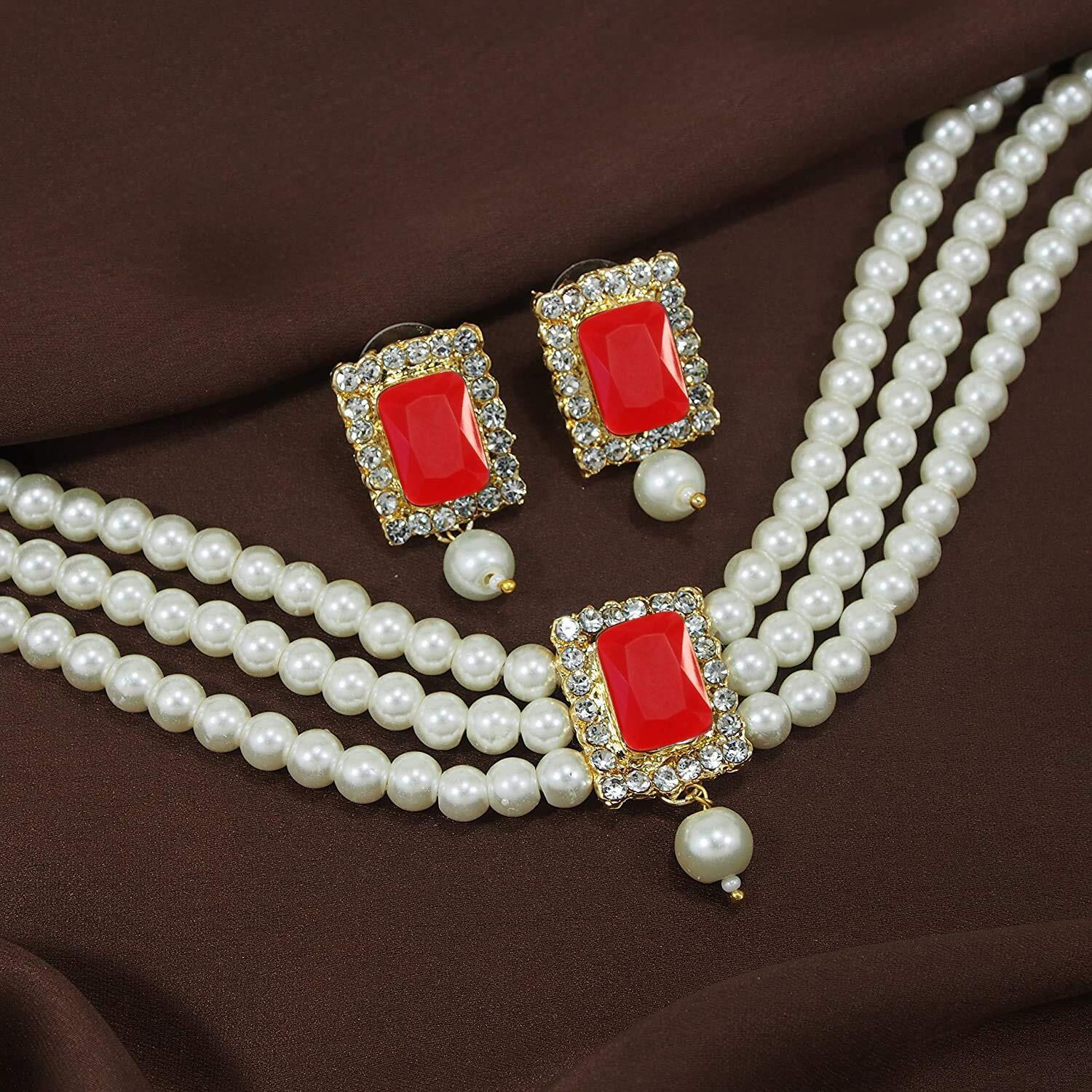 Peora Gold Plated Indian Traditional Crystal Pearl Beaded Choker Necklace Jewellery Set for Women