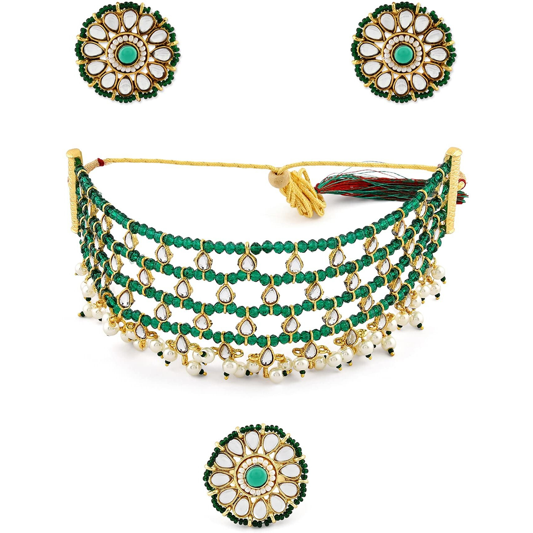 ZAVERI PEARLS Green Crystals Beaded Kundan Choker Necklace Earring & Ring Set For Women-ZPFK11063