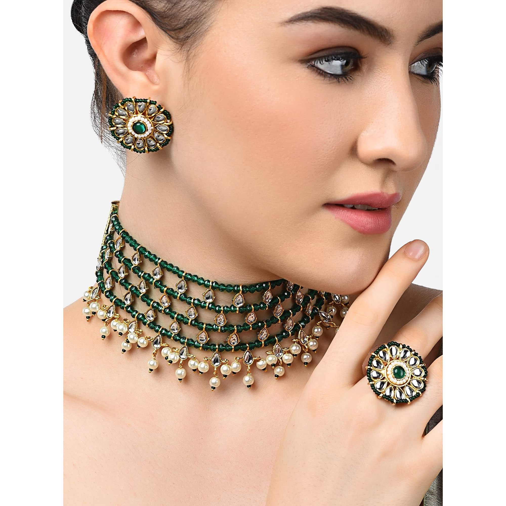 ZAVERI PEARLS Green Crystals Beaded Kundan Choker Necklace Earring & Ring Set For Women-ZPFK11063