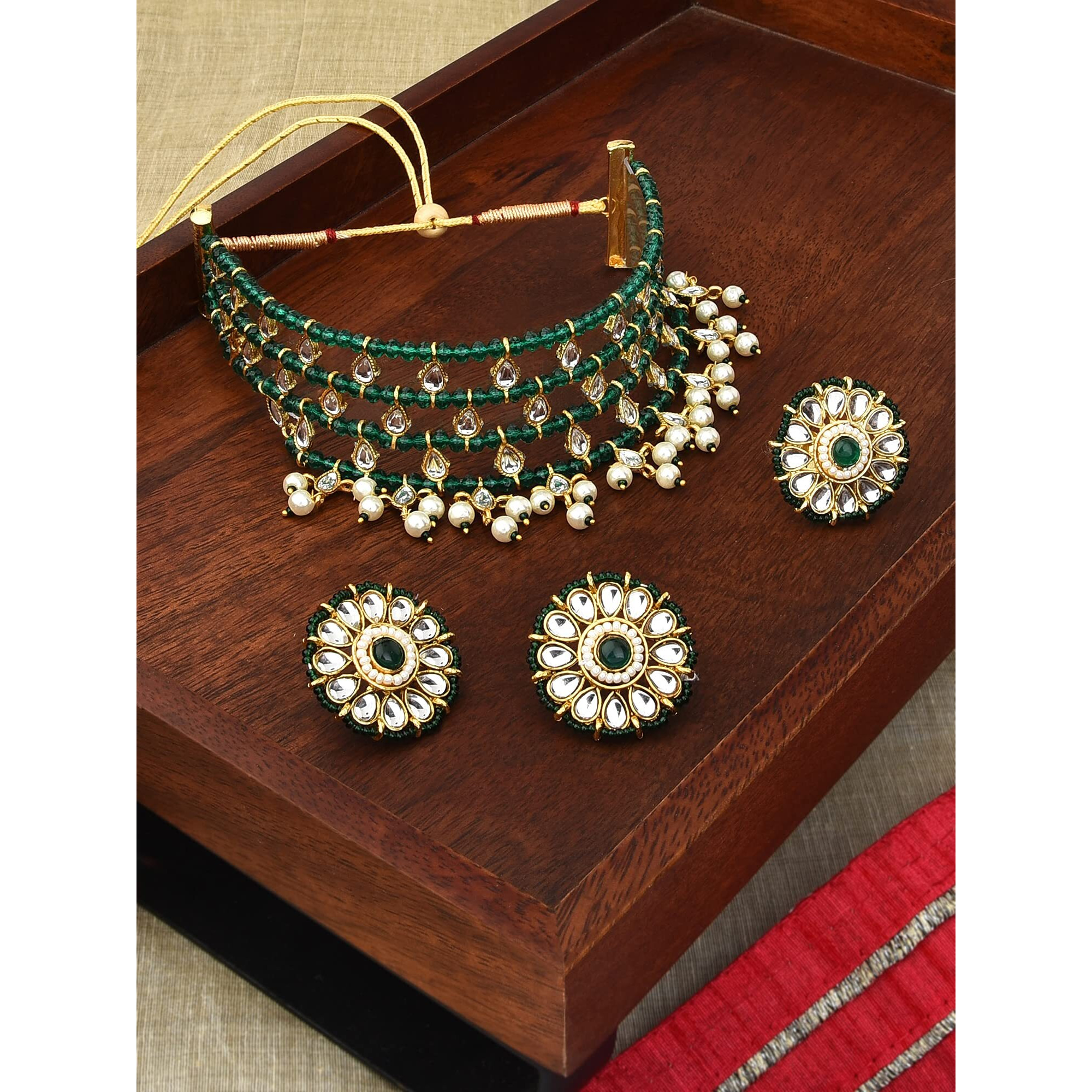 ZAVERI PEARLS Green Crystals Beaded Kundan Choker Necklace Earring & Ring Set For Women-ZPFK11063