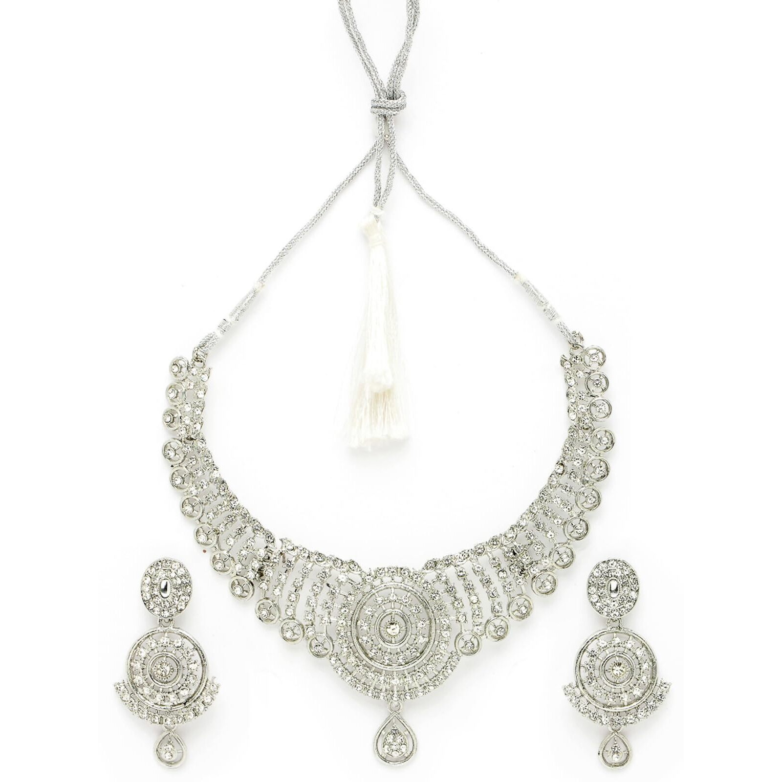 Sukkhi Most Beautiful Rhodium Plated Silver AD White Stone Collar Bone Necklace Set And Earring | Jewellery Set For Women (NS105513)