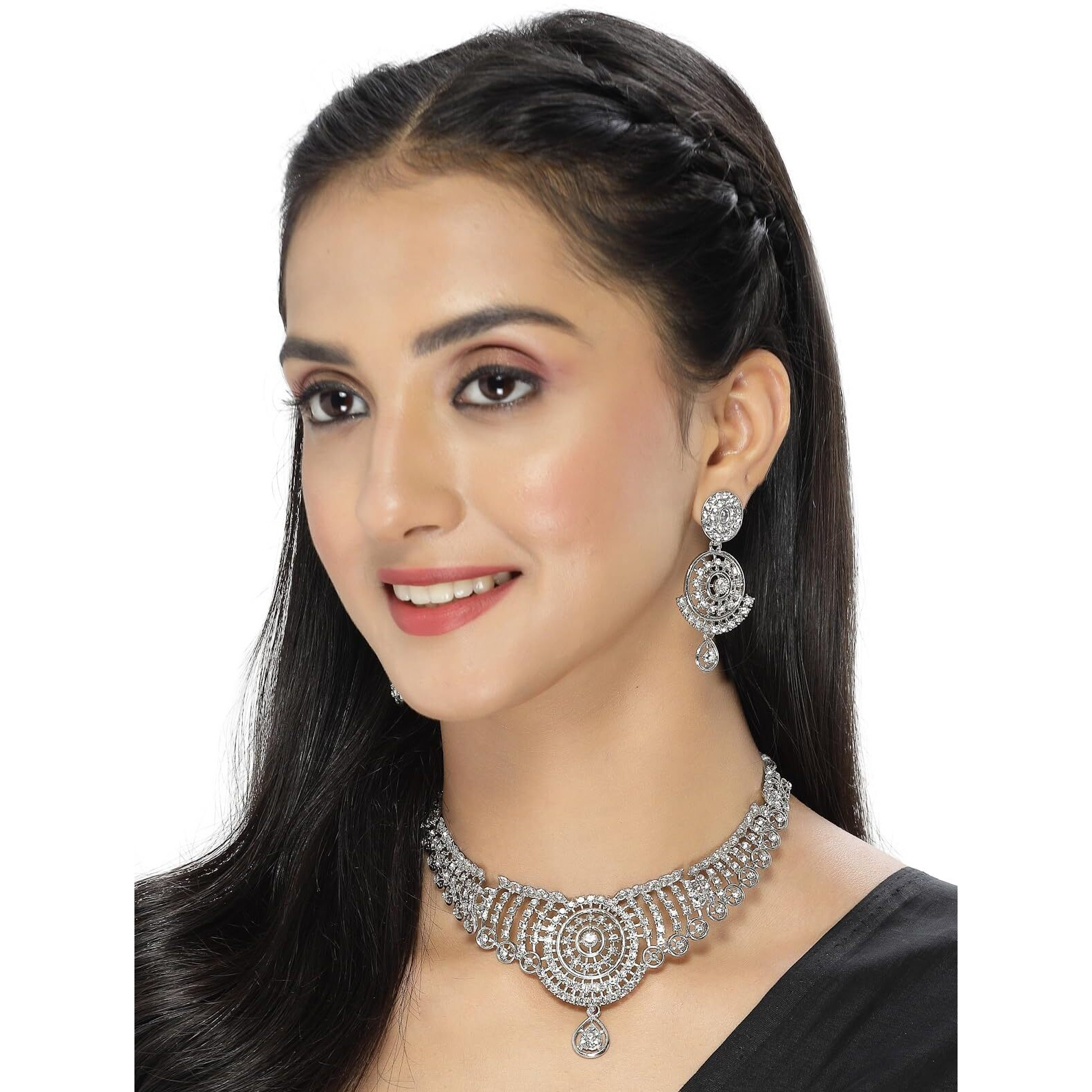 Sukkhi Most Beautiful Rhodium Plated Silver AD White Stone Collar Bone Necklace Set And Earring | Jewellery Set For Women (NS105513)