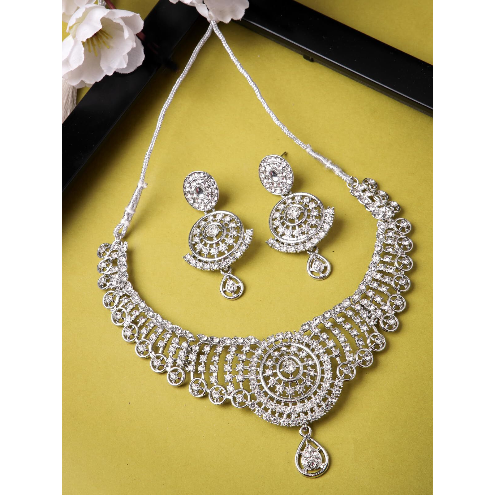 Sukkhi Most Beautiful Rhodium Plated Silver AD White Stone Collar Bone Necklace Set And Earring | Jewellery Set For Women (NS105513)