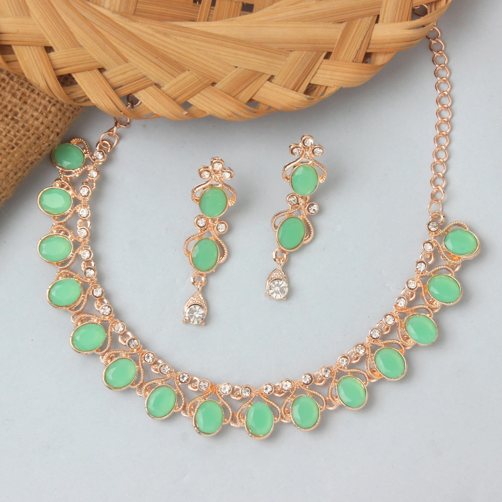 Atasi International Mint Green Color Gold Plated Crystal Necklace Jewellery Set with Earrings for Women Ideal for Party, Wedding, Festivals (GN5706)