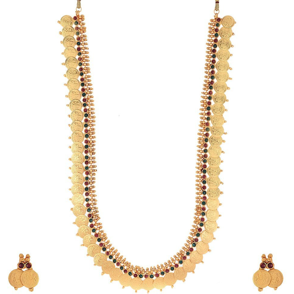 ZENEME Jewellery Set Gold Plated Long Traditional Maharani Beads Studded Temple Coin Necklace Set with Earrings Jewellery For Women & Girls (Red & Green)