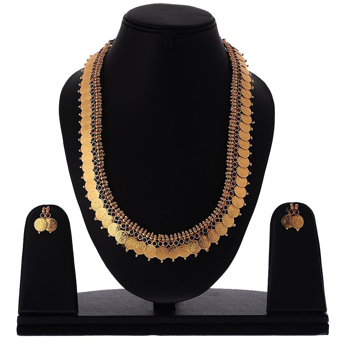 ZENEME Jewellery Set Gold Plated Long Traditional Maharani Beads Studded Temple Coin Necklace Set with Earrings Jewellery For Women & Girls (Red & Green)