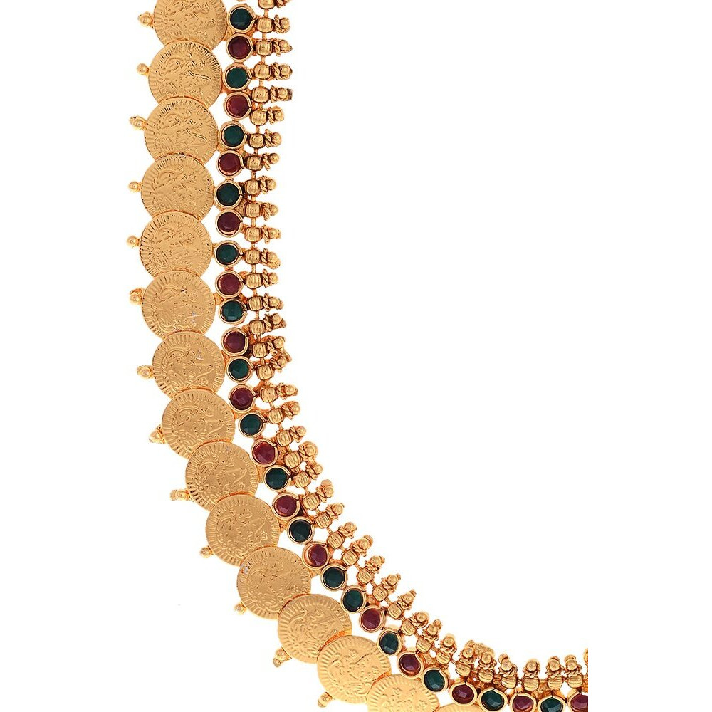ZENEME Jewellery Set Gold Plated Long Traditional Maharani Beads Studded Temple Coin Necklace Set with Earrings Jewellery For Women & Girls (Red & Green)