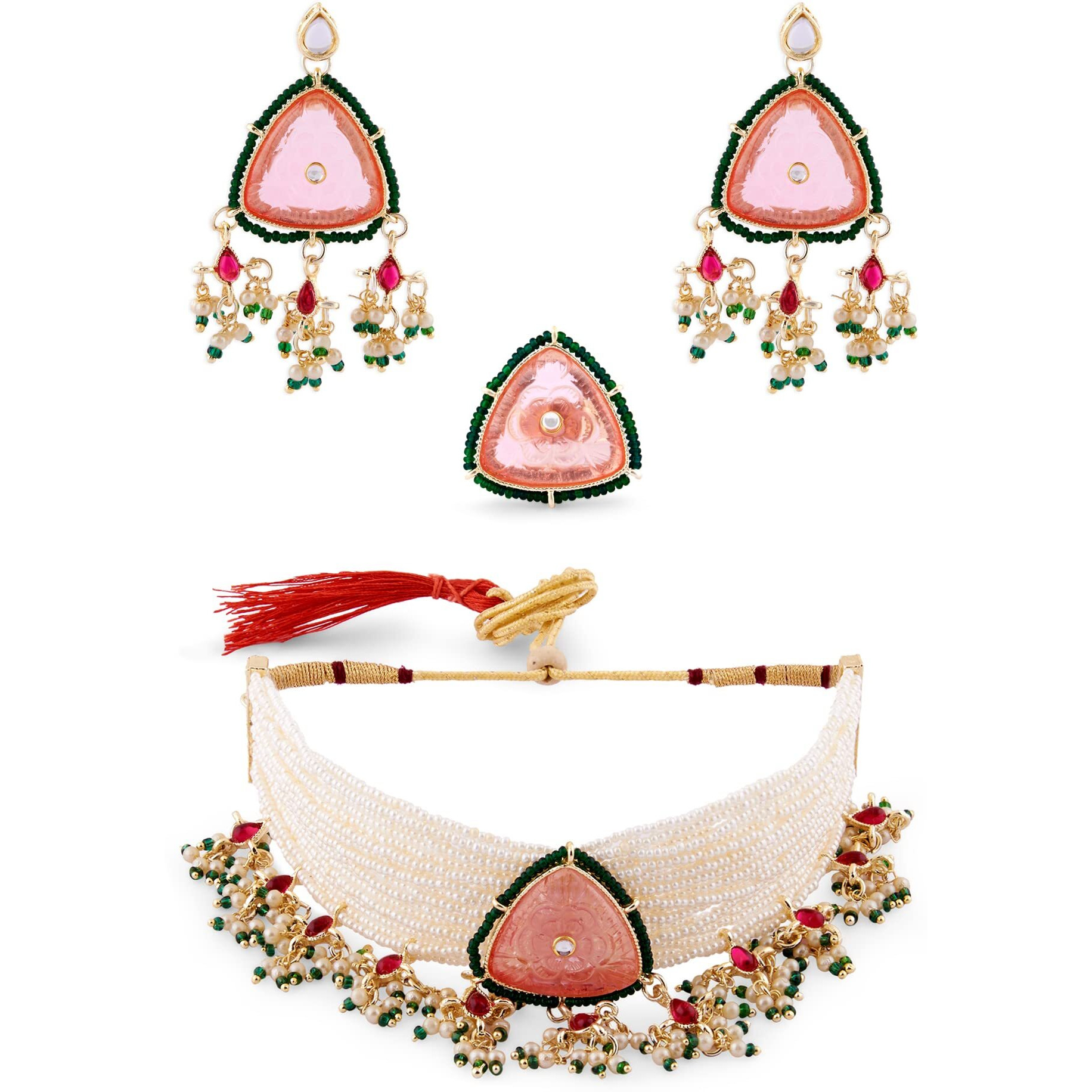 ZAVERI PEARLS Pink Stones & Green Beads Multistrand Pearls Choker Necklace Earring & Ring Set For Women-ZPFK14834